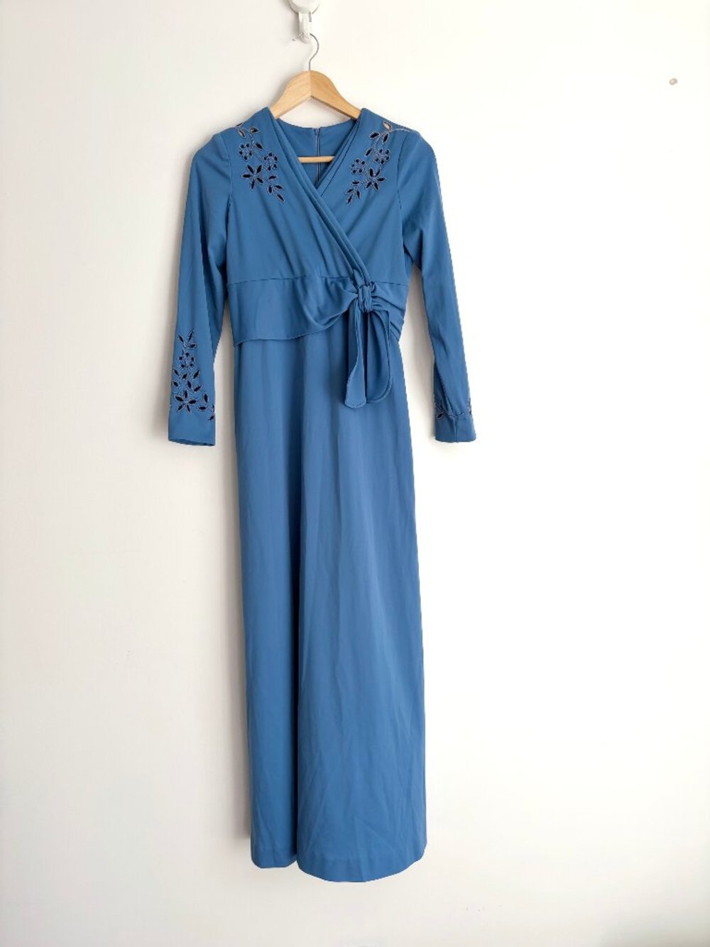 Vintage 1970s Romantic Blue Floral Cutwork Wrap Front Maxi Dress XS